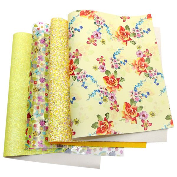 Flower bee glitter Faux Synthetic Leather Set 4piece/set 7.7*12.9inch Fabric Sheets For DIY Bows Leather Crafts Handmade Material