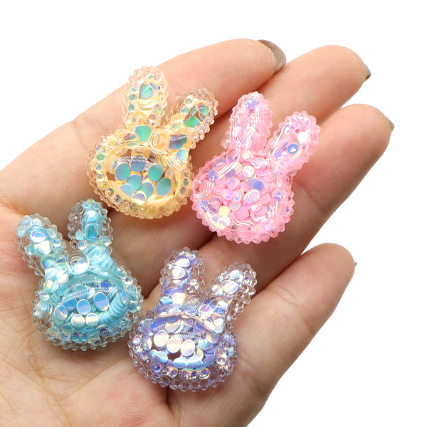 2Pcs/lot Cute Colorful Rabbit Happy Easter Holiday Bunny Chunky Glitter Sequins Filled 3D Acrylic Resin Cabochon Charms Glitter Animal Shape Ornament DIY Crafts Phone Shell Case Keychain Fridge Magnet Crafting Jewelry Accessory Making Supplies