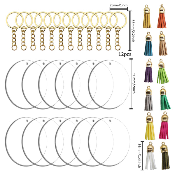 36Pcs Acrylic Keychain Blanks with Key Rings Round Clear Discs Circles Colorful Tassel Pendant Jump Rings for DIY Craft Keyring