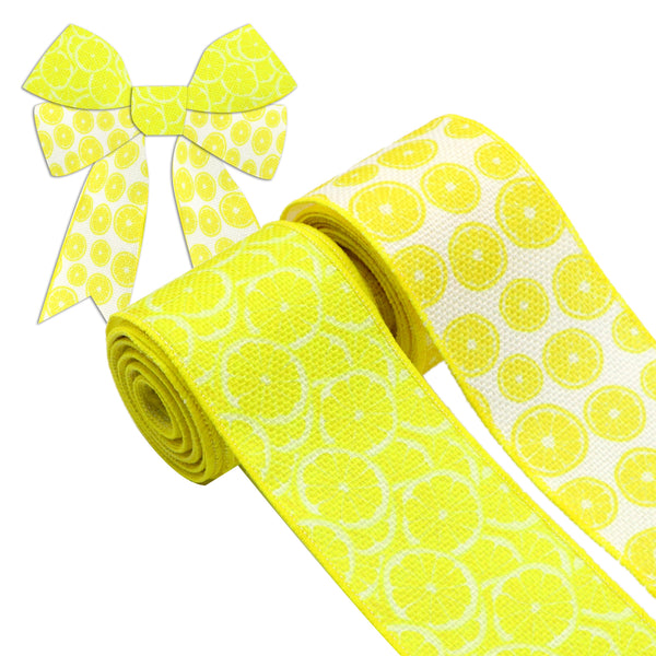 1 Roll 2.5 Inch X 5 Yards/roll Yellow Series Lemon Printed Decorative Imitation Burlap Wire Edge Ribbon Home Decoration For DIY Gift Box Packaging Bowknot Craft Material