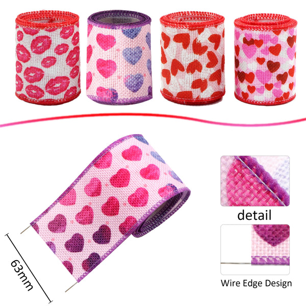 4 Rolls, 63mm Valentine Wired Ribbon (5yards/roll), Valentine Linen Fabric Lips   Heart Love Wired Edge Ribbons, Decorative Wrapping Ribbons For Wreaths Gift DIY Hairbows Craft Ribbons, Home Room Decor, Valentine Party Supplies, Holiday Accessory