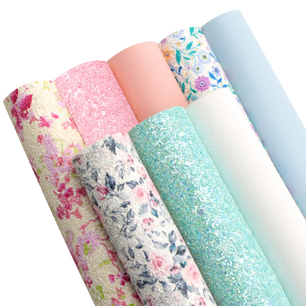 8pcs/set Flower chunky glitter lychee Faux Synthetic Leather Set 7.7*12.9inch Fabric Sheets For DIY Bows Artificial Leather Crafts Handmade Material