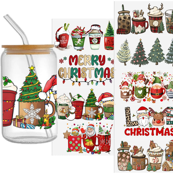 9pcs/set Uv Dtf Transfer Christmas Holiday Santa Claus Christmas Tree Candy Cane Design Sticker Libbey Glass Cups Diy Wrap Transfer Sticker Glass Cup Waterproof Sticker Bottle Sticker Adhesive Sticker-High Quality 9.5inch*4.3inch For 16oz