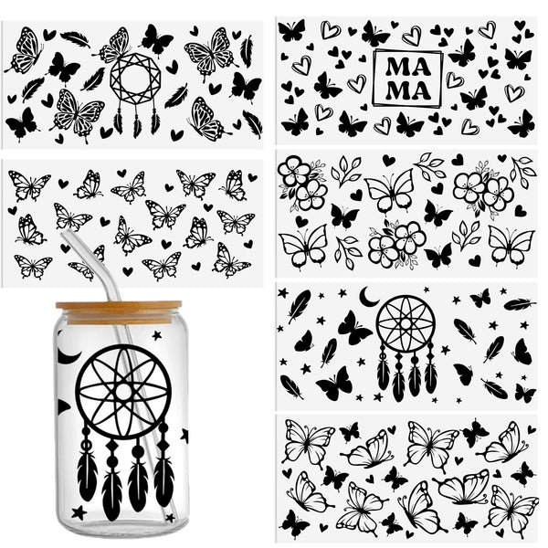 1pc Waterproof Large Black and white dreamcatcher butterfly Series Sticker For 16oz Glass Cups,Uv Dtf Transfer Diy Crystal Label,Faith Cross Libbey Glass Wrap ,Vinyl Cup Wrap ,Uv Stickers Diy Sticker For Glass Bottle-High Quality Tumbler Furniture Cr