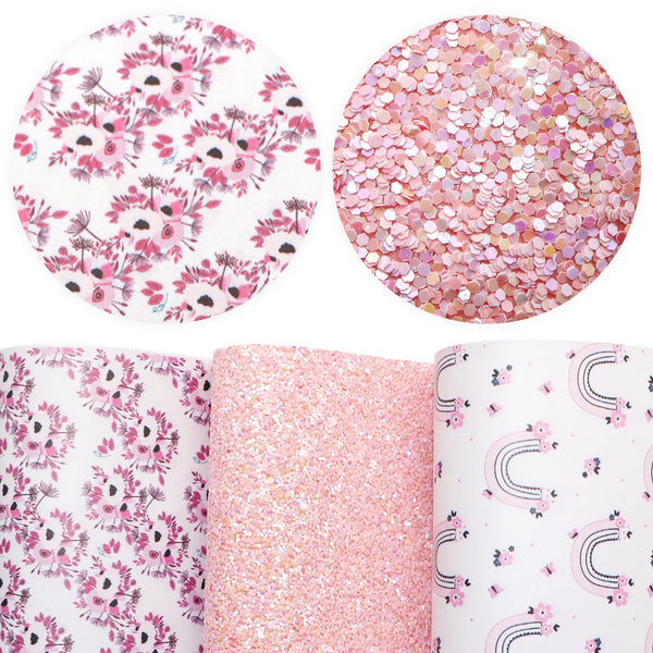 Pink series flower Faux Synthetic Leather Set 3piece/set 7.7*12.9inch Fabric Sheets For DIY Bows Leather Crafts Handmade Material