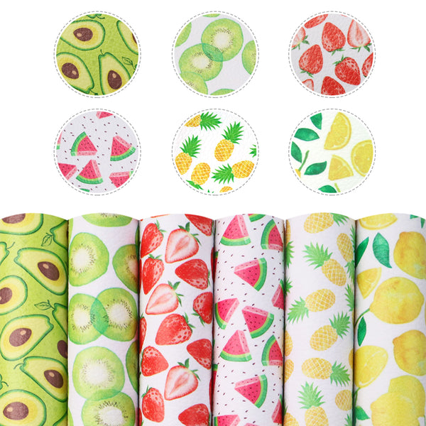 6pcs/set 5.9x8.26 inch Fruits Printed Faux Leather Set Lychee Solid Color A5 Size Synthetic Leather Fabric for DIY Earrings Hair Bows Bags Crafts