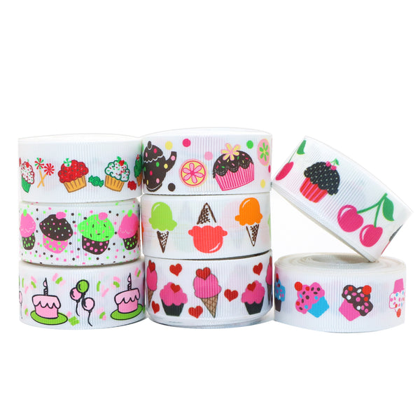 8 Rolls, 0.86Inch/22mm X 5 Yards/roll Sweet Cake Ice Cream Printed Grosgrain Ribbon Set For Gift Wrapping Ribbon Holiday DIY Craft Ribbons For Home Party Decor