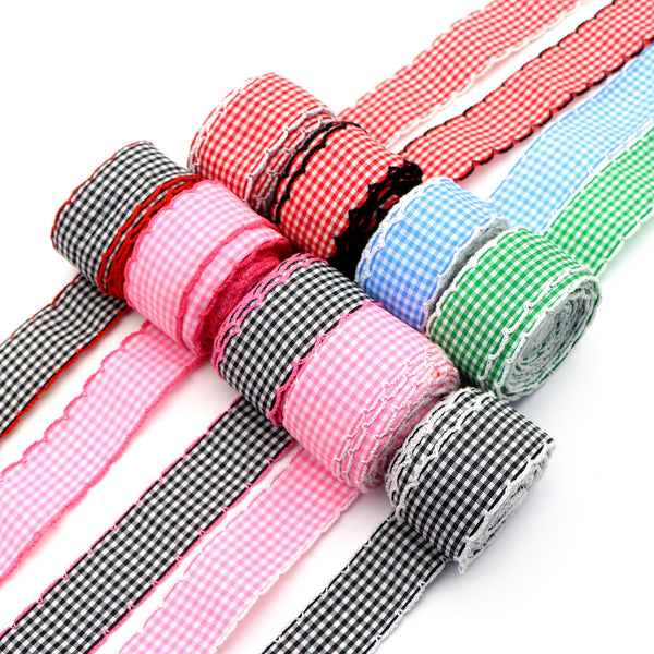 5 Yards Fabric Plaid Hook Edge Grosgrain Ribbon Roll  - 25mm Width for DIY Crafts, Clothing, Gift Wrapping, Hair Bows, and Party Decorations