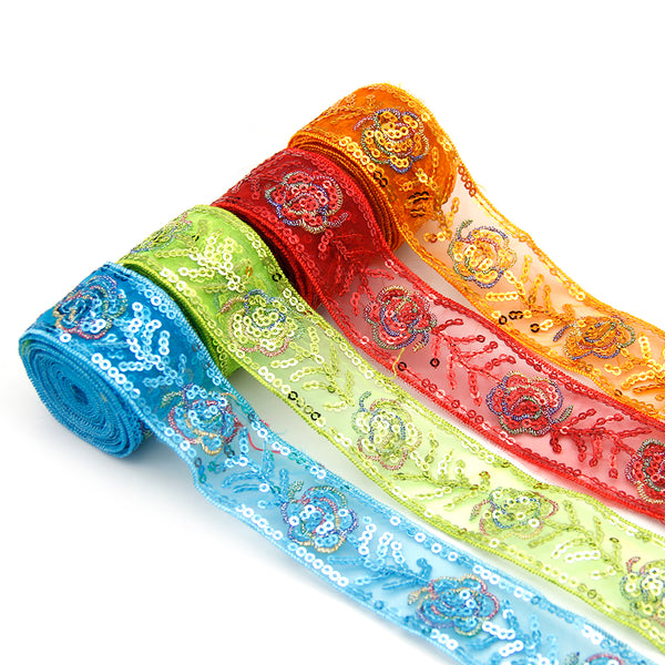 1 Roll 5 Yards 1inch/25mm Flower Lace Sequin Ribbons For Gift Wrapping Hair Bow Party Holiday Decor Wedding Favor Craft Supplies