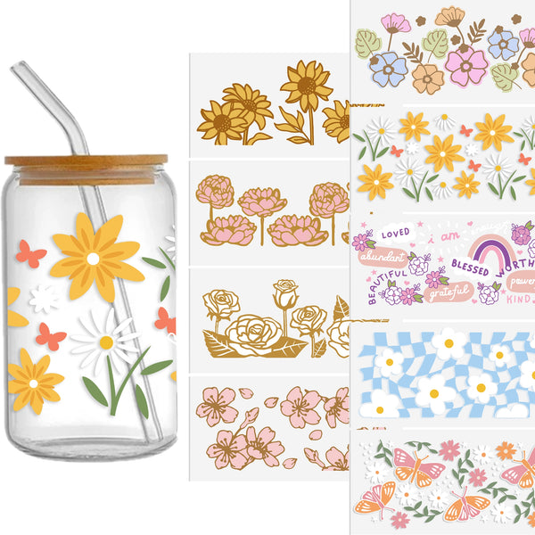 9pcs/set Waterproof spring Leaves Flower Sticker For 16oz Glass Cups,Uv Dtf Transfer Diy Crystal Label,Faith Cross Libbey Glass Wrap ,Vinyl Cup Wrap , gift wrapping Uv Stickers Diy Sticker For Glass Bottle-High Quality (11x24cm) 4.3inX 9.4in