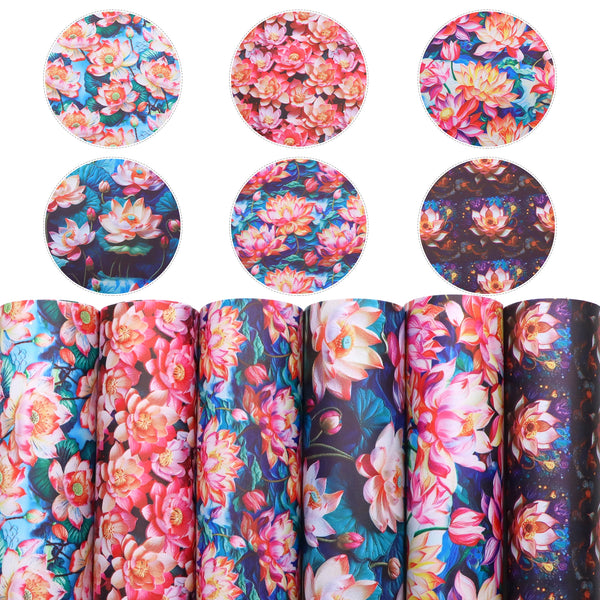 6Pcs/set Imitation Embroidery Lotus Flowers Printed Faux Leather Sheets 7.87x12.99inch 3D vision Smooth Textured Spring Blossom Floral Synthetic Leather Fabric for DIY Earrings Bows Crafts Supply Decorations