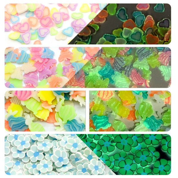 10g/pack butterfly-rabbit-flower-heart Shaped Glow In The Dark Series Nail Art Polymer Clay Slices,Unscented, Slime Charms for Lip Gloss Making, Resin, and Nail Art Decorations - Perfect for DIY Crafts and Creative Projects