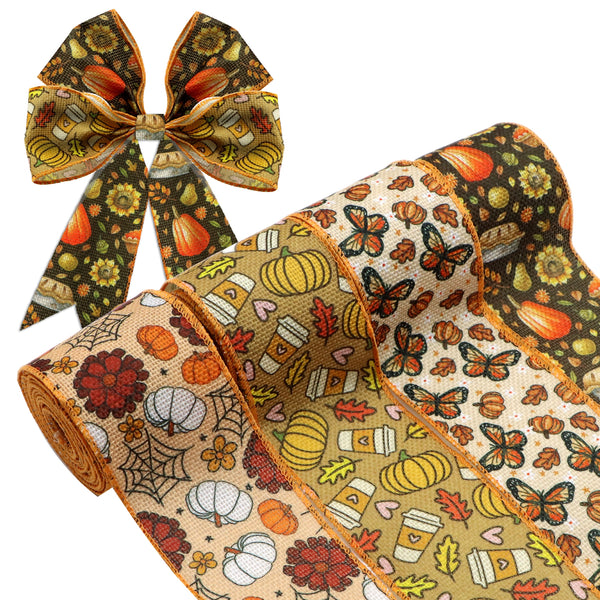 1 Roll 2.5 Inch X 5 Yards/roll Thanksgiving Day Fall Autumn Series Pumpkin Leaves Butterfly Printed Decorative Imitation Burlap Wire Edge Ribbon Home Decoration For DIY Gift Box Packaging Bowknot Craft Material