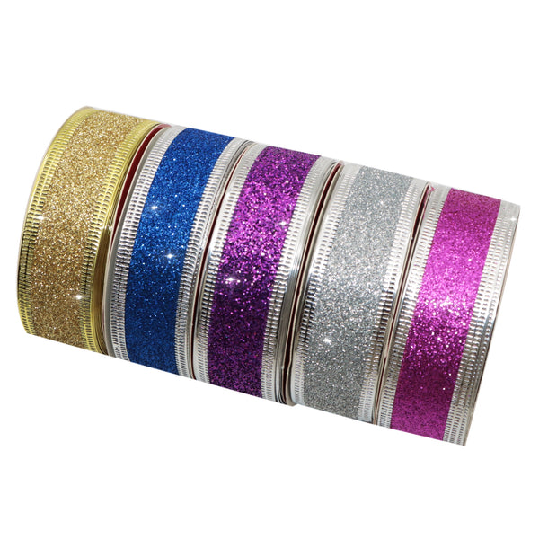 5 Rolls, 1Inch/25mm X 5 Yards Glitter Ribbon Set Wired Edge Ribbon DIY Hair Bow Craft For Gift Wrapping Wedding Christmas Party Home Decoration