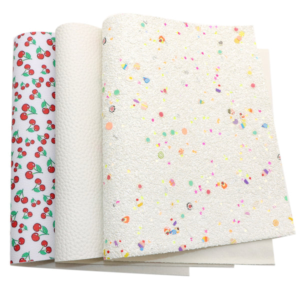 3pcs/set Chunky glitter lychee cherry Faux Synthetic Leather Set 7.7*12.9inch Fabric Sheets For DIY Bows Artificial Leather Crafts Handmade Material