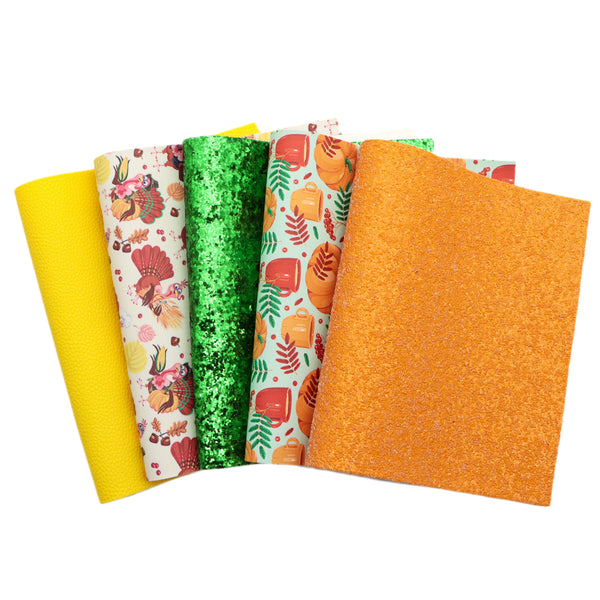 5Pcs/set 7.87x12.99inch Fall Autumn Theme Faux Leather Set Synthetic Leather Sheets PVC Material Printed for DIY Earrings Hair Bows Crafts Projects