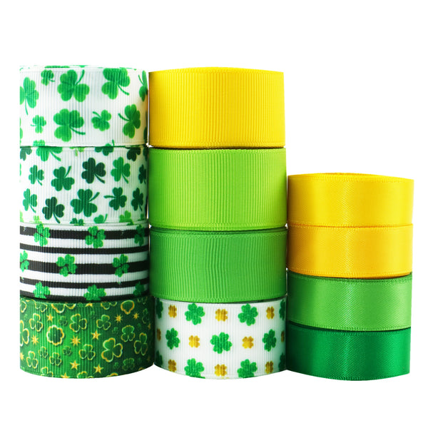 24yards/set St. Patrick's Day Ribbon Roll Grosgrain Satin Material Size Mix 25mm/22mm/16mm Ribbon Set for Gift Package Wrapping, Shamrock Print Ribbon for Hair Bow Clip Accessory Making, Crafting Holiday Wreaths Decor(12rolls/set,2yards/Roll)