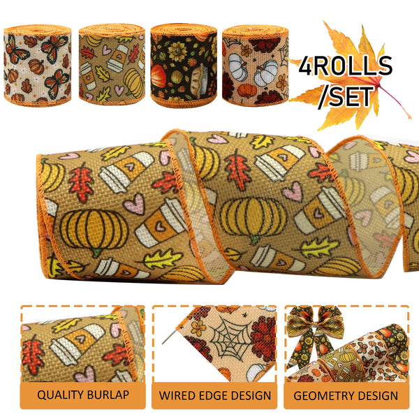 4Rolls, Autumn Linen Wired Edge Ribbons (2.43 Inch X 5 Yards), Pumpkin Butterfly Thanksgiving Day Print Ribbons For Fall Wreath Floral Arrangements, Holiday Party Decor, Festivals Decor, Hairbows, Crafts Sewing Wrapping Supplies