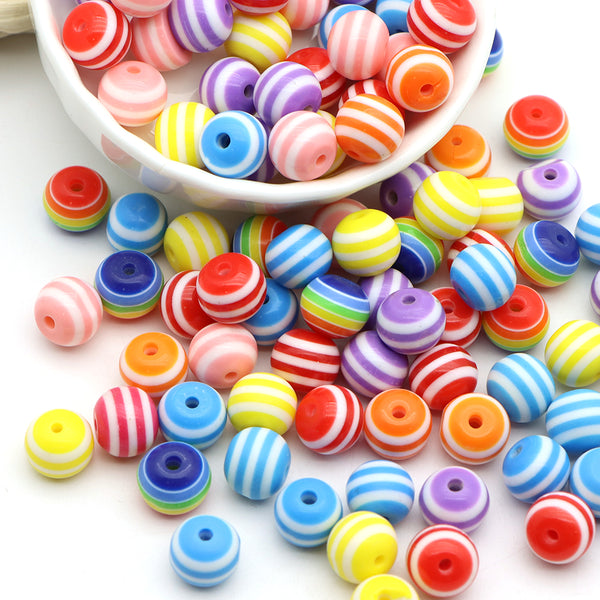 10pcs 10mm Mix Stripe Resin Beads Round Shape Spacer Beads Rainbow Color Ball Beads For Jewelry Making DIY Charm Bracelet Necklace