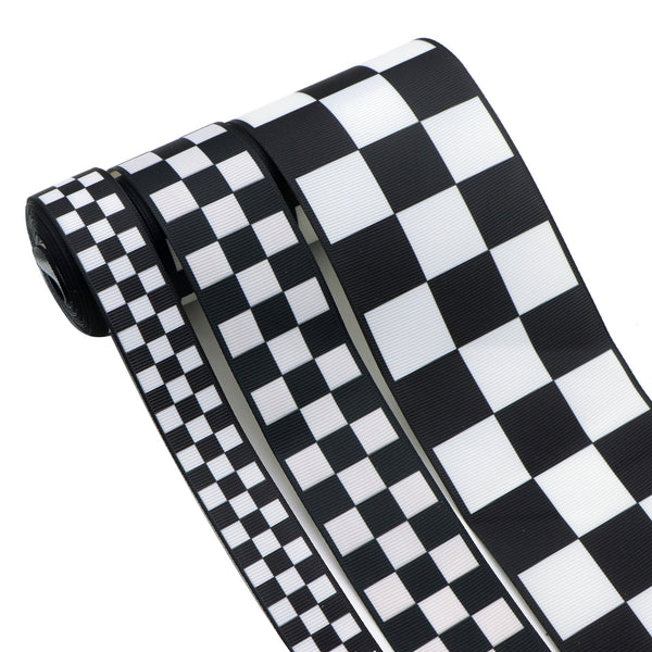 5 Yards Polyester Grosgrain Ribbon, Black and White Checkered Patterns, for Gift Wrapping, Party Decor, DIY Hair Bows, Crafting Projects, 16mm/22mm/25mm/38mm/75mm Width