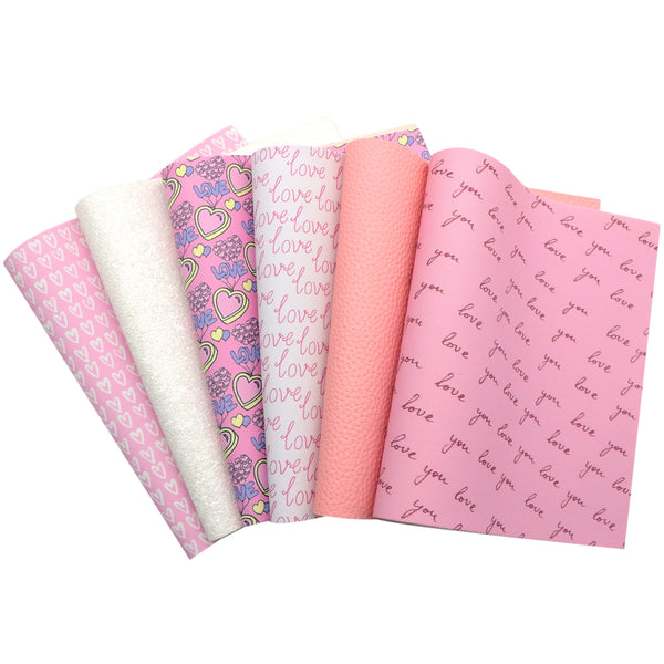 6pcs/set Valentine's Day heart love chunky glitter lychee Faux Synthetic Leather Set 7.7*12.9inch Fabric Sheets For DIY Bows Artificial Leather Crafts Handmade Material