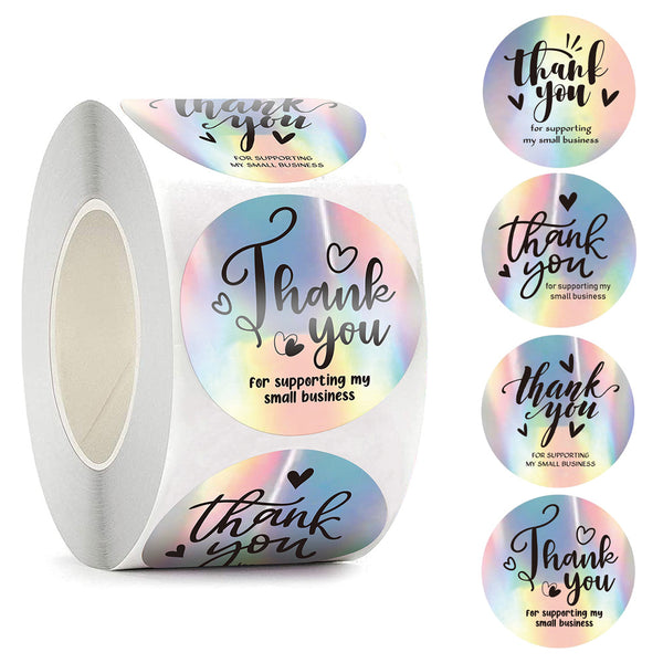 500pcs/roll 1 Inch Thank You Label Stickers Rainbow Holographic Silver Roll Adhesive Business Labels Rainbow Stickers For Boutiques Shop Wrapping Supplies