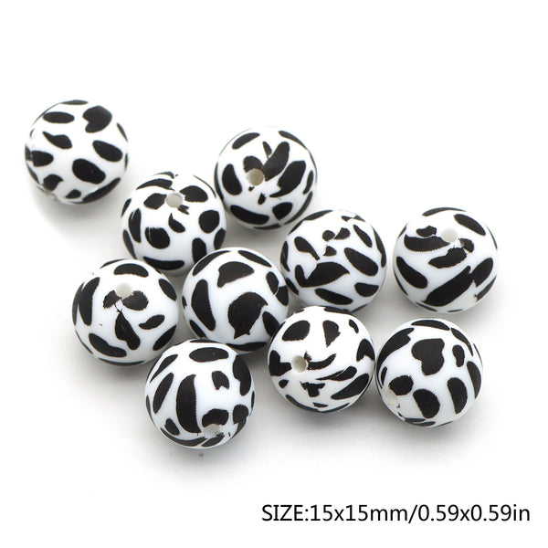 5Pcs 15mm Animal Textured Series Silicone Beads Leopard Cows Pattern Round Silicone Loose Spacer Beads For Jewelry Making DIY Bracelet Pendent Necklace Pen Chain Earrings Charm Bangle Decors Craft Supplies