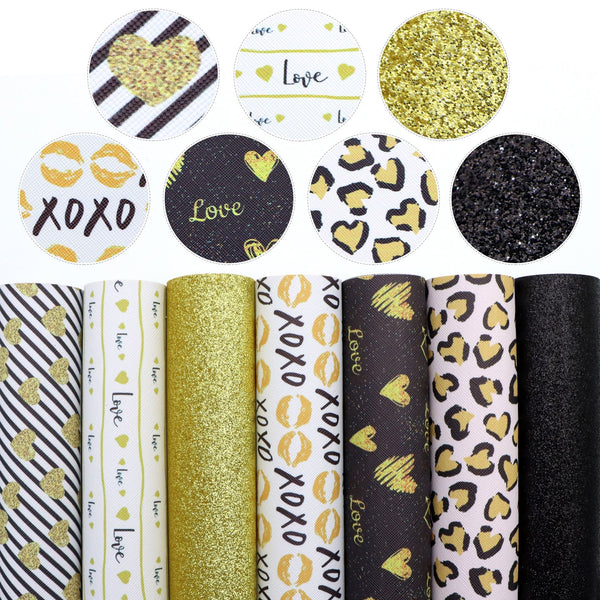 7Pcs/set Valentine's Day Faux Leather Sheets 7.87x12.99inch Heart Love Leopard Printed Solid Color Synthetic Leather Fabric for DIY Earrings Bows Crafts Festival Decorations