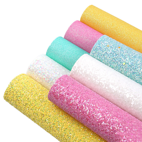 8pcs/set chunky glitter sequins Faux Synthetic Leather  7.7*12.9inch Fabric Sheets For DIY Bows, Waist Belt, Earrings, Handbag, Phone Case, Pencil Case ,Shoes Bags Artificial Leather Crafts Handmade Material