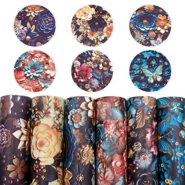 6Pcs/set 3d Scene Blossom Flowers Floral Printed Faux Leather Sheets 7.87x12.99inch Synthetic Leather Fabric for DIY Earrings Bows Crafts Decorations