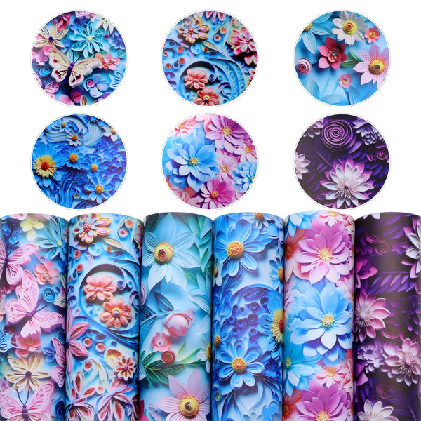 6pcs/set 3D Scene Blossom Flowers Floral Butterfly Printed Faux Leather Sheets 7.87x12.99inch Synthetic Leather Fabric For DIY Handmade Earrings Bows Bags Crafts Decorations