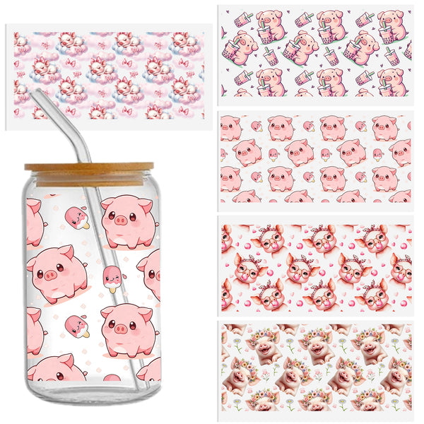 5pieces/set UV DTF Cup Wrap Decals Cute pig Series For Any Hard Surface, Scratch-Resistant Decals With Vibrant Colors & UV DTF Transfer Sticker Waterproof Sticker For Libbey Glass Cups 16OZ DIY Tumbler Furniture gift