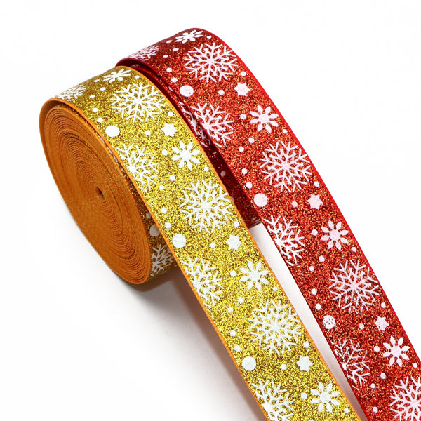 1pc 5yards 22mm/0.87 in Snow Print Glitter Grosgrain Ribbon Roll For Christmas Wreaths Gift Wrapping Winter Party Decoration DIY Hair Bows Crafts Headwear Decoration Sewing Accessories