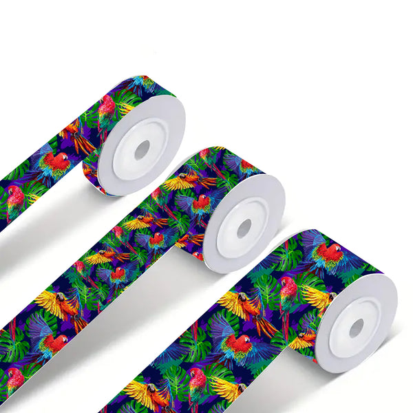 Multi-Size, Parrot Print Grosgrain Ribbon Roll - 5 Yards, Assorted Sizes (16mm/22mm/25mm/38mm/75mm) for DIY Crafts, Hair Bows, Wedding & Party Decorations