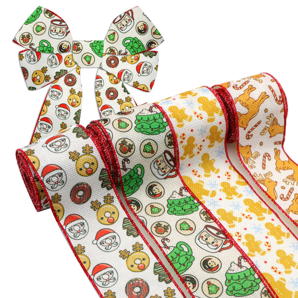 4 Rolls 2.5 Inch X 5 Yards/roll Christmas Series Santa Deer Gingerbread Man Printed Decorative Imitation Burlap Wire Edge Ribbon Home Decoration For DIY Gift Box Packaging Bowknot Craft Material