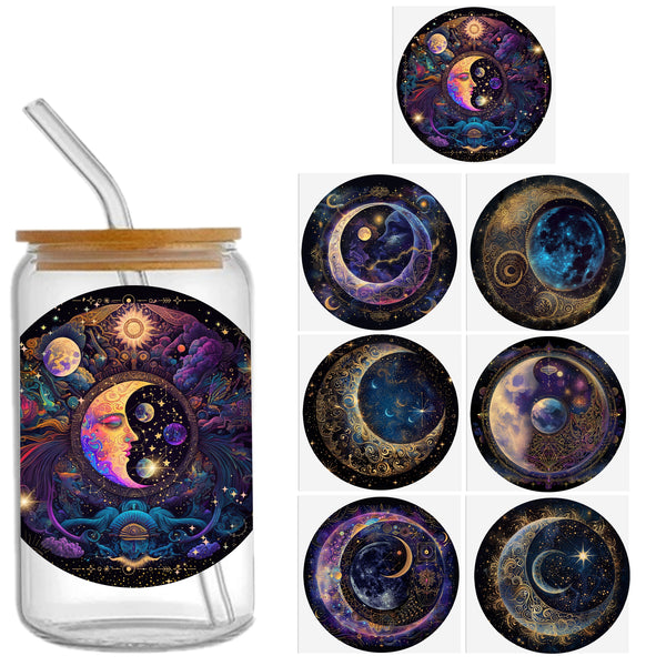 7pieces/set star moon Uv Dtf Transfer Stickers - Waterproof, Self-Adhesive Decals , Jars - Diy Crafts & Home Decor, Scratch-Resistant Print Self-Adhesive Stickers for Ceramic, Glass, Laptops, Skateboards ， Mugs, Bottles