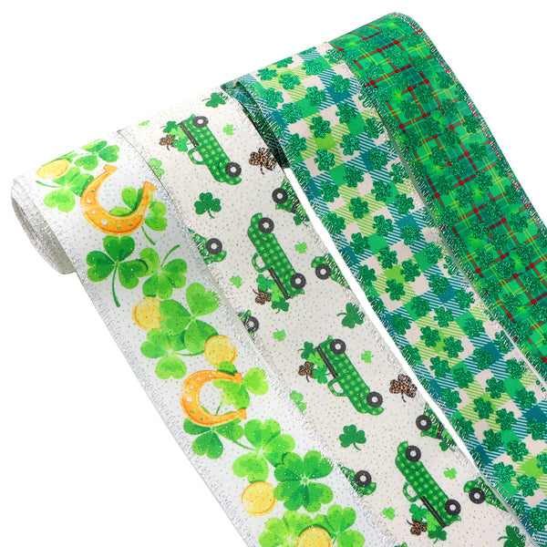 4 Rolls, 63mm St. Patrick's Day Wired Ribbon (5yards/roll),Linen Fabric Glitter Shamrock Plaid Wired Edge Ribbons, Decorative Wrapping Ribbons For Wreaths Gift DIY Hairbows Craft Ribbons, Home Room Decor, Valentine Party Supplies, Holiday Accessory