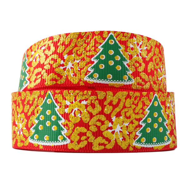 5yards 22mm/0.87inch Christmas Tree Print Golden Glitter Grosgrain Ribbon Roll For Christmas Wreaths Gift Wrapping Party Decoration DIY Hair Bows Crafts Headwear Decoration Sewing Accessories