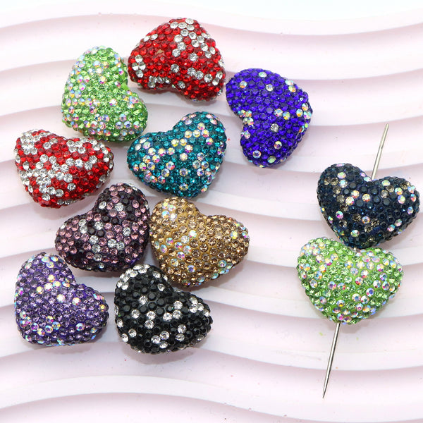 1Pc  Faux Rhinestone Heart shaped  Polymer Clay Beads Loose Spacer Acrylic Beads with Hole for Jewelry Making DIY Bracelet Necklace Chain Earrings Charm Bangle Decors Craft Supplies