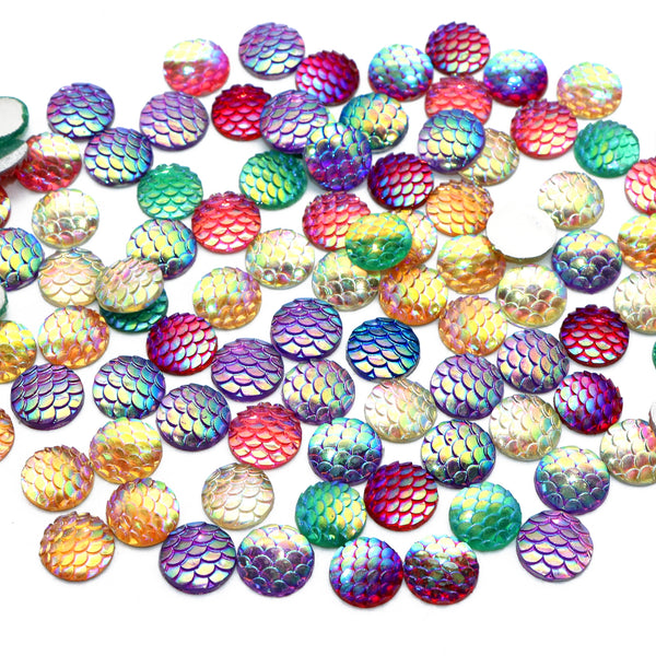 12MM 100pcs/pack Gradient AB Color Half Round Acrylic Beads Fish Scale Mermaid Shaped Cabochon Charms For Crafts Necklaces Bracelets Jewelry Decorations Wedding Dress Phone Case Decorations