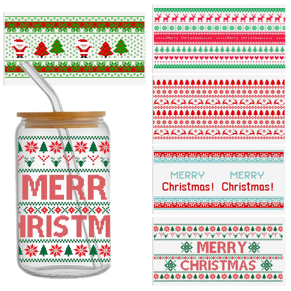 5pieces/set UV DTF Cup Wrap Decals Pixel Style Christmas Man Christmas tree Series For Any Hard Surface, Scratch-Resistant Decals With Vibrant Colors & UV DTF Transfer Sticker Waterproof Sticker For Libbey Glass Cups 16OZ DIY Tumbler Furniture gift