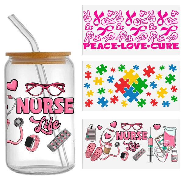 1pc UV DTF Cup Wrap Decals Nurse Doctor Caring for Autism Series For Any Hard Surface, Scratch-Resistant Decals With Vibrant Colors & UV DTF Transfer Sticker Waterproof Sticker For Libbey Glass Cups 16OZ DIY Tumbler Furniture gift