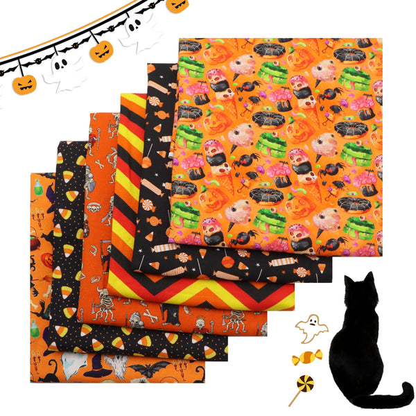 1pc Halloween Skeleton Skull Candy Pattern Orange Series Quilting Fabric-57x19.68inch(145x50cm)100% Cotton Craft Fabrics DIY Handmade Nurse Hat Clothes Fabric For Patchwork Craft(130gsm)