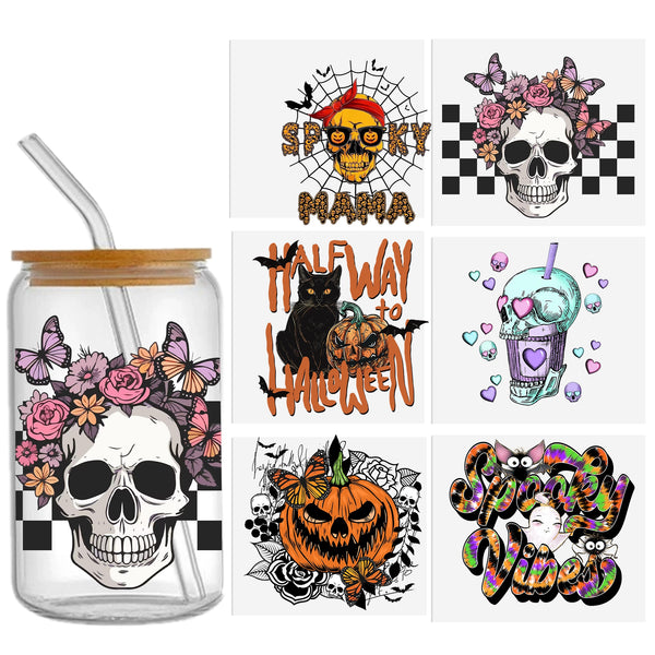 1pc UV DTF Cup Wrap Decals halloween SKULL, Ghost, Skeleton, cat，pumpkin Series For Any Hard Surface, Scratch-Resistant Decals With Vibrant Colors & UV DTF Transfer Sticker Waterproof Sticker For Libbey Glass Cups 16OZ DIY Tumbler Furniture gift