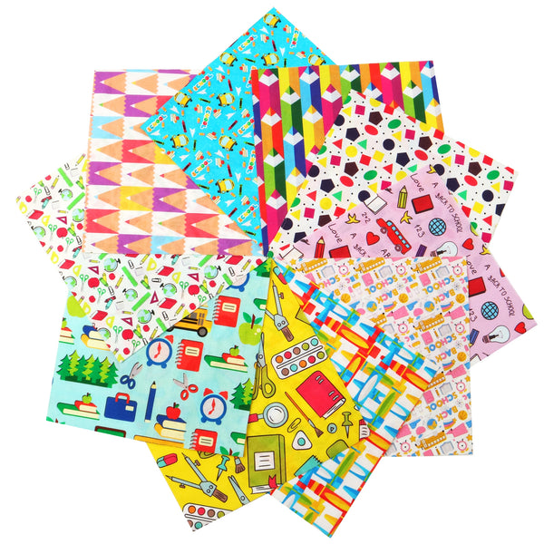 10pcs 7.87x7.87inch(20x20cm) Back to School Fat Quarter Bundles Polyester Cotton Fabric Craft Pre-Cut Squares Sheets For Patchwork Sewing Quilting Crafting Cloth Scraps For DIY Crafting Sewing Patchwork