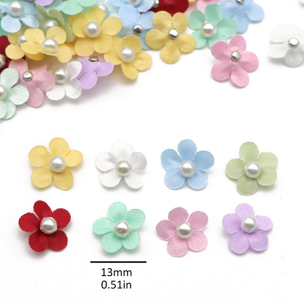 10pcs 12mm Mini Imitation Pearl Satin Small Flower Piece for DIY Hair Clip Hair Accessories Necklace Jewelry Making Wedding Party Clothes Shoes Decoration