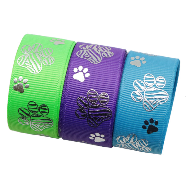 1Roll 22mm/0.87in Dog Footprint Silver Foil Print Grosgrain Ribbon For Handmade HairBow Hairties Craft Wedding Holiday Puppy Party Decoration DIY Card Gift Wrapping Colorful Jewelry Accessories