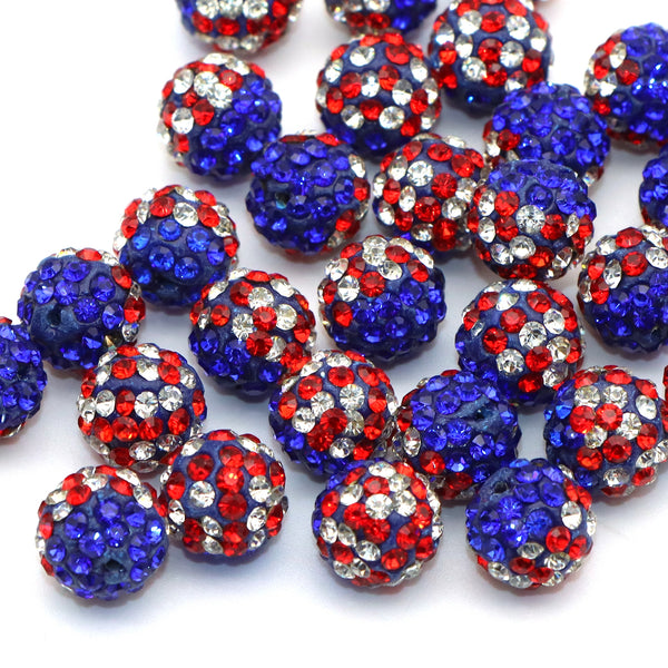 10Pcs Independence Day Polymer Clay Beads 10mm Sparkling Crystal Rhinestone Spacer Beads Charms Ideal for DIY Necklaces, Bracelets, and Earrings Jewelry Making 4th Of July Decorations