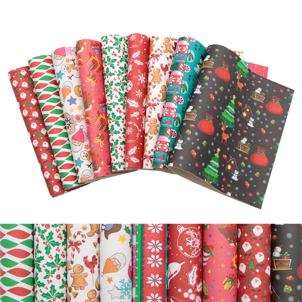 9pcs/set 7.87x12.99inch Christmas Theme Faux Leather Set Santa Claus Christmas Tree Printed Shimmer Chunky Glitter Synthetic Leather Fabric Sheets For DIY Earrings Hair Bows Crafts Supply Festival Decoration