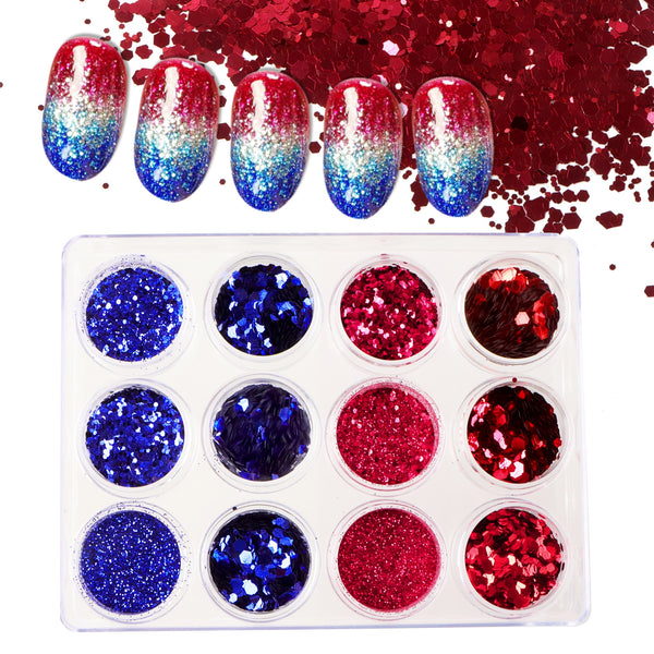 USA Fourth of July Independence Day Glitters Holographic Exquisite Nail Sequins, Nail Art Supplies For Acrylic Nail Decorations 12styles/box,2g/style